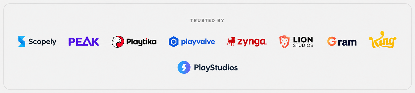 Trusted by Scopely, Peak, Playtika, Playvalve, Zynga, Lion Studios, Gram, King, and PlayStudios