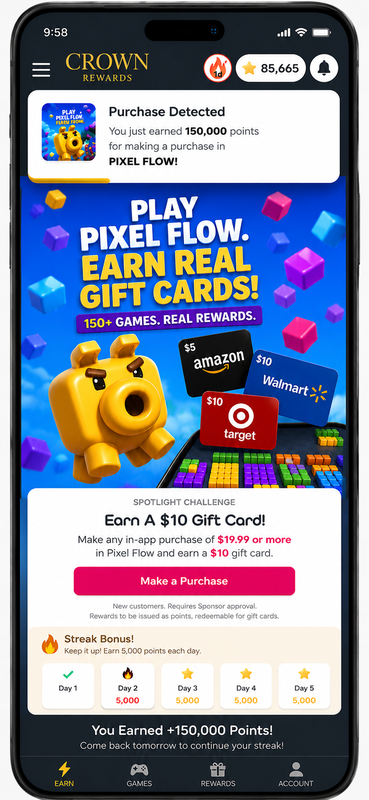 Crown Rewards co-branded app mockup showing game selection and gift card redemption