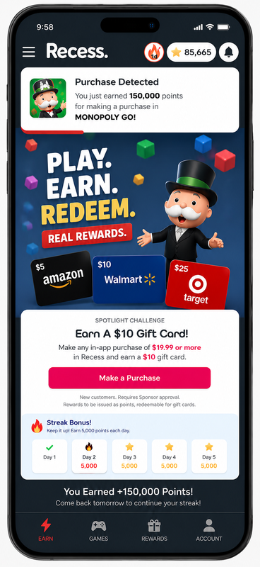 Recess co-branded rewards app mockup